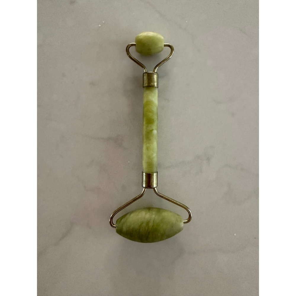 Dual Ended Green Jade Facial Roller Skincare Gold Tone Hardware Massage Tool